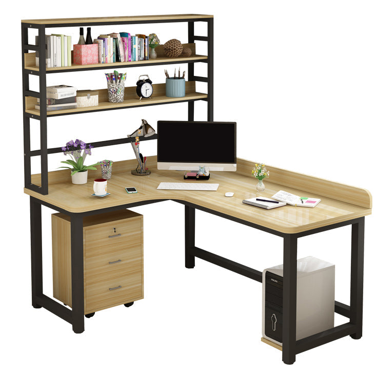 Corner Manufactured Wood Writing Desk Modern H-Shape Base Desk with Shelf Black-Wood Left Hand Return Clearhalo 'furn' 'furn_office_desk' 'Furniture' 'furniture_office_desk' 'Office Desks' 'Office Furniture' 'office_desk' 5056461