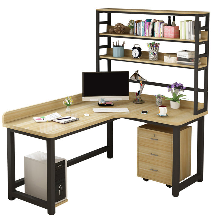 Corner Manufactured Wood Writing Desk Modern H-Shape Base Desk with Shelf Black-Wood Right Hand Return Clearhalo 'furn' 'furn_office_desk' 'Furniture' 'furniture_office_desk' 'Office Desks' 'Office Furniture' 'office_desk' 5056464