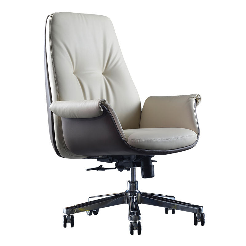 Contemporary Managers Chair Wheels Fixed Arms Tilt Mechanism Executive Chair Off-White Genuine Leather Mid-Back (14-22 in.) Clearhalo 'furn' 'furn_office_chair' 'Furniture' 'furniture_office_chair' 'Office Chairs' 'Office Furniture' 'office_chair' 5056675