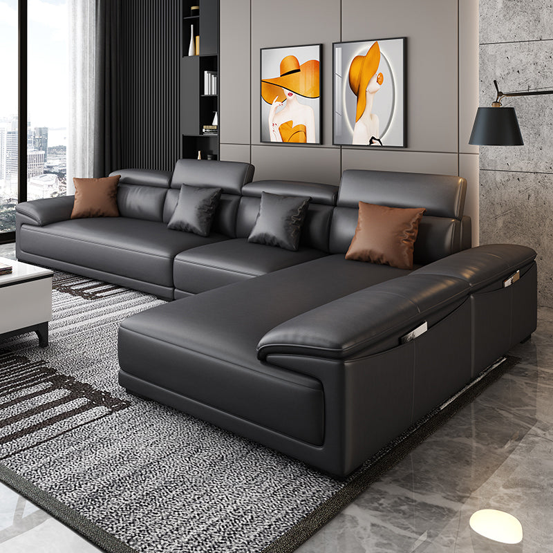 Black Faux Leather Sofa 33.46" H Pillow Top Arm Sofa & Chaise Clearhalo 'furn' 'furn_sectionals' 'Furniture' 'furniture_sectionals' 'Living Room Furniture' 'Sectionals' 5057915