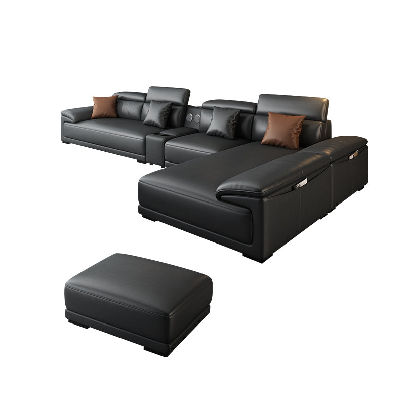 Black Faux Leather Sofa 33.46" H Pillow Top Arm Sofa & Chaise Sofa with Ottoman 150"L x 71"W x 33.5"H Clearhalo 'furn' 'furn_sectionals' 'Furniture' 'furniture_sectionals' 'Living Room Furniture' 'Sectionals' 5057916