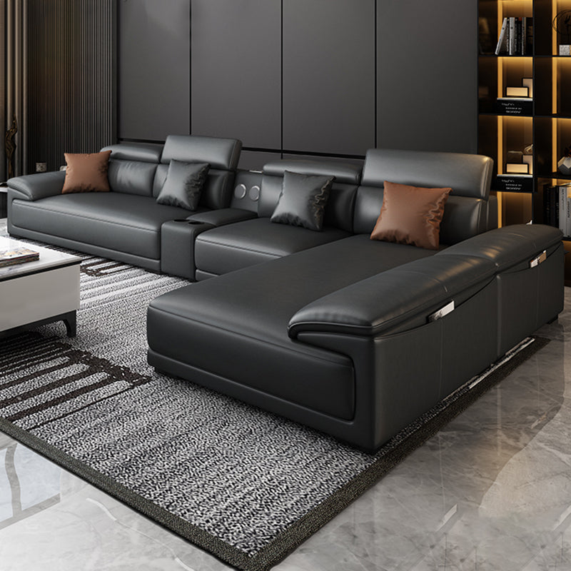Black Faux Leather Sofa 33.46" H Pillow Top Arm Sofa & Chaise Clearhalo 'furn' 'furn_sectionals' 'Furniture' 'furniture_sectionals' 'Living Room Furniture' 'Sectionals' 5057917