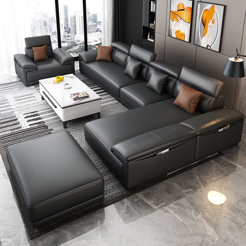 Black Faux Leather Sofa 33.46" H Pillow Top Arm Sofa & Chaise Clearhalo 'furn' 'furn_sectionals' 'Furniture' 'furniture_sectionals' 'Living Room Furniture' 'Sectionals' 5057920