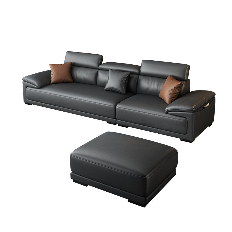 Black Faux Leather Sofa 33.46" H Pillow Top Arm Sofa & Chaise Sofa with Ottoman 106"L x 39.5"W x 33.5"H Clearhalo 'furn' 'furn_sectionals' 'Furniture' 'furniture_sectionals' 'Living Room Furniture' 'Sectionals' 5057921