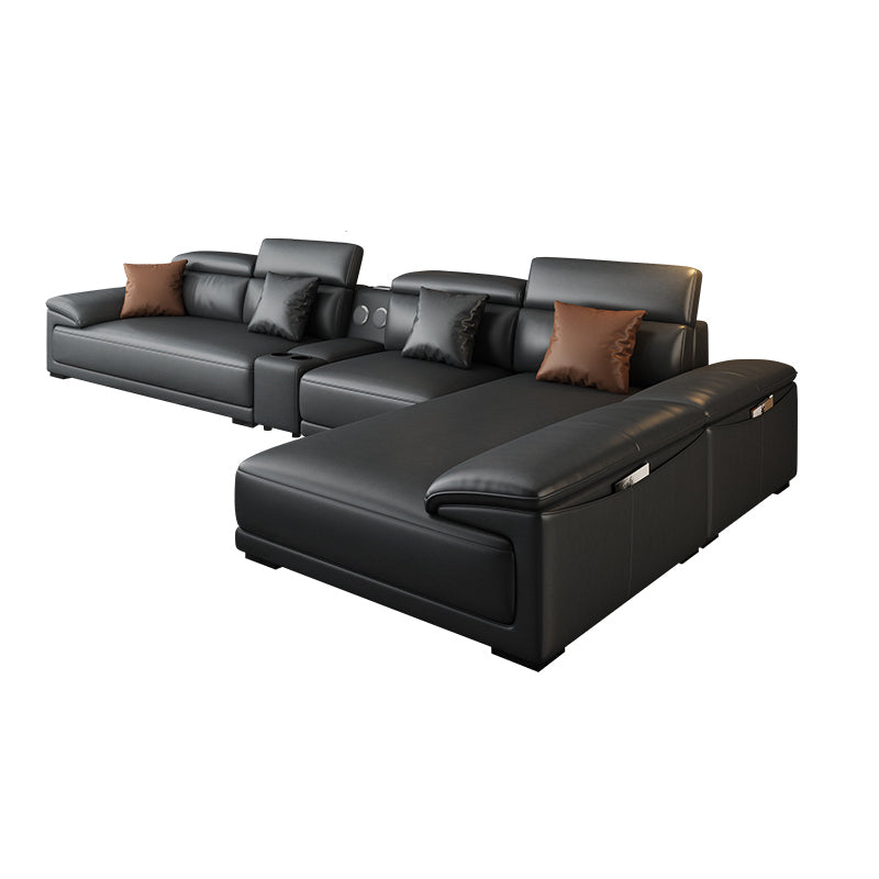 Black Faux Leather Sofa 33.46" H Pillow Top Arm Sofa & Chaise Sofa 150"L x 71"W x 33.5"H Clearhalo 'furn' 'furn_sectionals' 'Furniture' 'furniture_sectionals' 'Living Room Furniture' 'Sectionals' 5057923