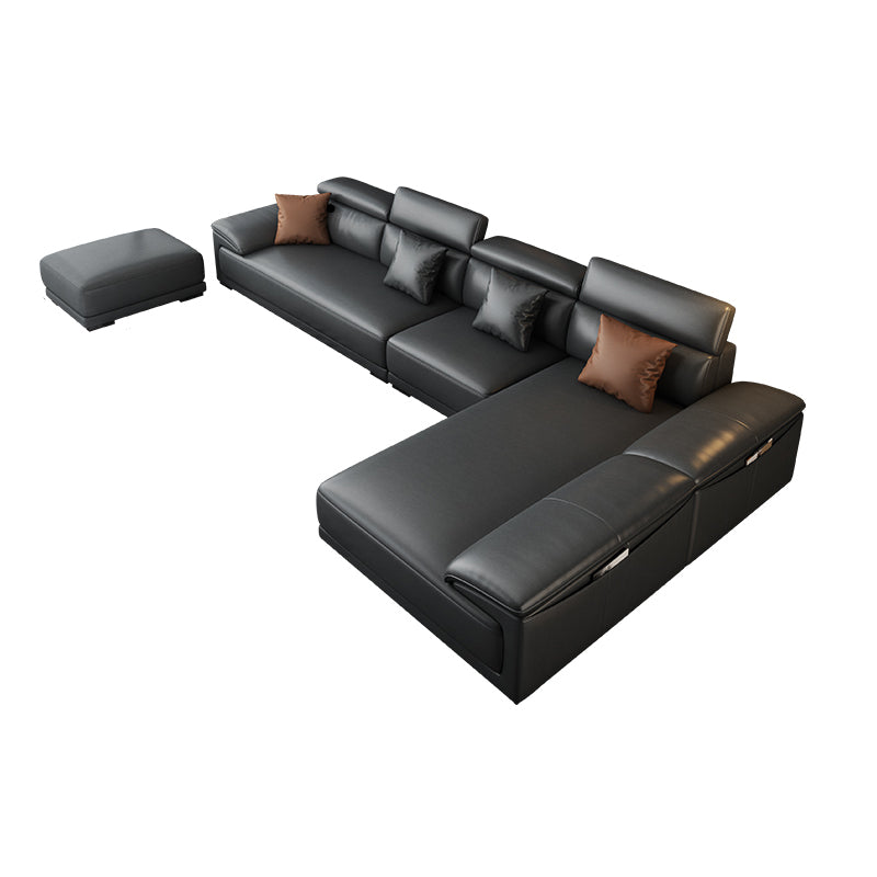 Black Faux Leather Sofa 33.46" H Pillow Top Arm Sofa & Chaise Sofa with Ottoman 134"L x 71"W x 33.5"H Clearhalo 'furn' 'furn_sectionals' 'Furniture' 'furniture_sectionals' 'Living Room Furniture' 'Sectionals' 5057931