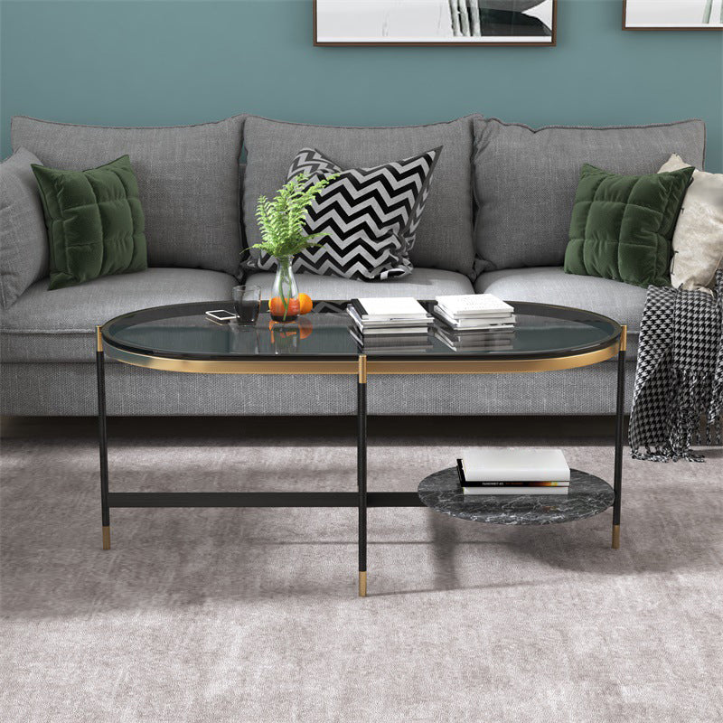 17.7" Tall Modern Metal Cross Leg Base Glass Oval Coffee Table with Shelf Clearhalo 'Coffee & Accent Tables' 'Coffee Tables' 'coffee_tables' 'furn' 'furn_coffee_tables' 'Furniture' 'furniture_coffee_tables' 'Living Room Furniture' 5058561