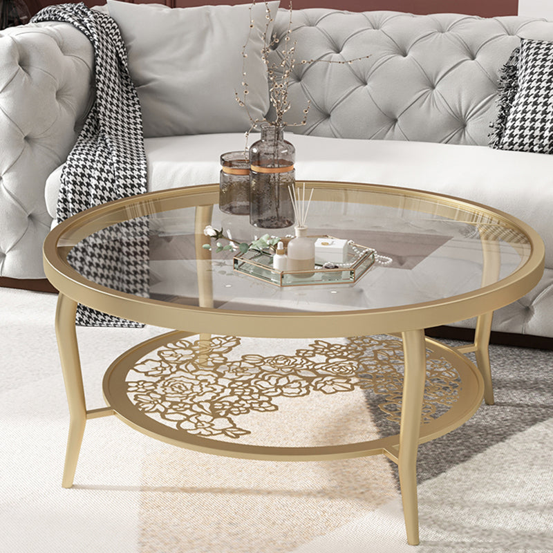 23.6"/17.7"H Modern 4 Legs Steel Base Glass Round Coffee Table with Shelf Clearhalo 'Coffee & Accent Tables' 'Coffee Tables' 'coffee_tables' 'furn' 'furn_coffee_tables' 'Furniture' 'furniture_coffee_tables' 'Living Room Furniture' 5058610