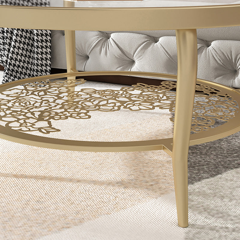 23.6"/17.7"H Modern 4 Legs Steel Base Glass Round Coffee Table with Shelf Clearhalo 'Coffee & Accent Tables' 'Coffee Tables' 'coffee_tables' 'furn' 'furn_coffee_tables' 'Furniture' 'furniture_coffee_tables' 'Living Room Furniture' 5058613