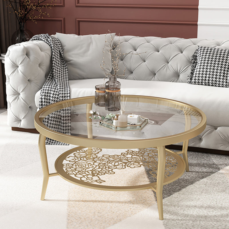 23.6"/17.7"H Modern 4 Legs Steel Base Glass Round Coffee Table with Shelf Clearhalo 'Coffee & Accent Tables' 'Coffee Tables' 'coffee_tables' 'furn' 'furn_coffee_tables' 'Furniture' 'furniture_coffee_tables' 'Living Room Furniture' 5058619