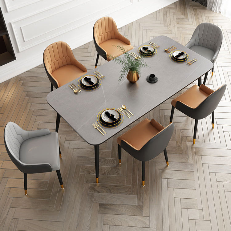 Modern Rectangle Dining Table Set 1/2/5/7 Pieces Grey Sintered Stone Top Dinette Set 7 Pieces: Black Table, 4 Orange and 2 Grey Chairs Clearhalo 'Dining Room Sets' 'Dining Tables & Seating' 'dining_room_set' 'furn' 'furn_dining_room_set' 'Furniture' 'furniture_dining_room_set' 'Kitchen & Dining Furniture' 5062492