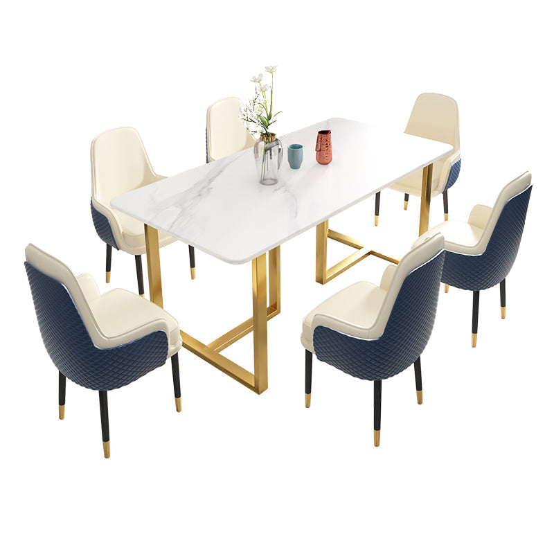 Glam Iron Dinette Set 1/2/5/7 Pieces Dining Table Set with Rectangle Sintered Stone Top 7 Pieces: White Table, 6 White Chairs Clearhalo 'Dining Room Sets' 'Dining Tables & Seating' 'dining_room_set' 'furn' 'furn_dining_room_set' 'Furniture' 'furniture_dining_room_set' 'Kitchen & Dining Furniture' 5062567