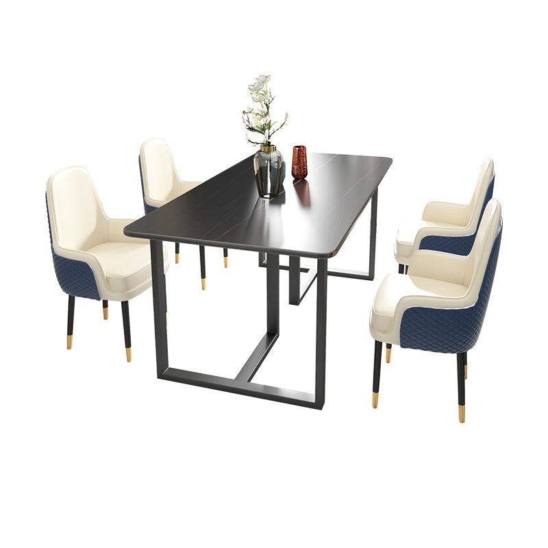 Glam Iron Dinette Set 1/2/5/7 Pieces Dining Table Set with Rectangle Sintered Stone Top 5 Pieces: Black Table, 4 White Chairs Clearhalo 'Dining Room Sets' 'Dining Tables & Seating' 'dining_room_set' 'furn' 'furn_dining_room_set' 'Furniture' 'furniture_dining_room_set' 'Kitchen & Dining Furniture' 5062568