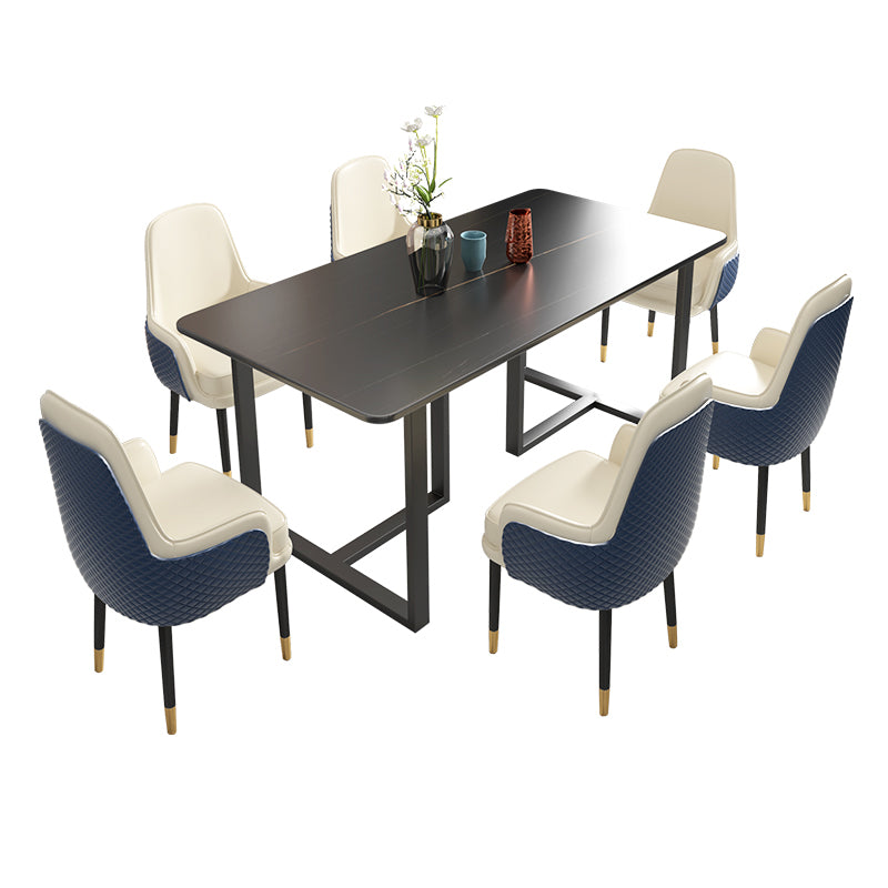 Glam Iron Dinette Set 1/2/5/7 Pieces Dining Table Set with Rectangle Sintered Stone Top 7 Pieces: Black Table, 6 White Chairs Clearhalo 'Dining Room Sets' 'Dining Tables & Seating' 'dining_room_set' 'furn' 'furn_dining_room_set' 'Furniture' 'furniture_dining_room_set' 'Kitchen & Dining Furniture' 5062570