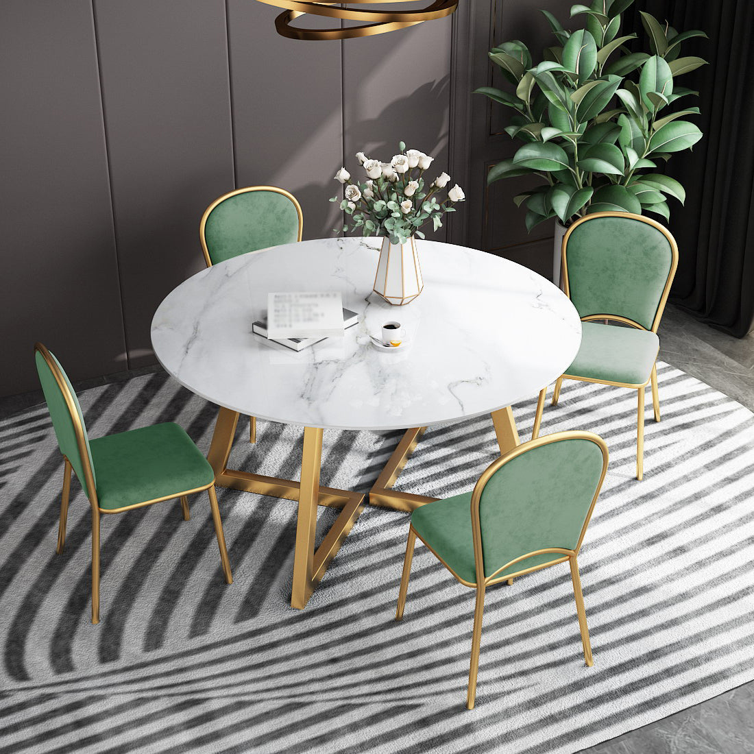 White Stone Top Dining Table Glam Style Gold Base Dining Table for Living Room 39.4"L x 39.4"W x 29.5"H Without Chairs Clearhalo 'Dining Tables & Seating' 'Dining Tables' 'dining_table' 'furn' 'furn_dining_table' 'Furniture' 'furniture_dining_table' 'Kitchen & Dining Furniture' 5062899