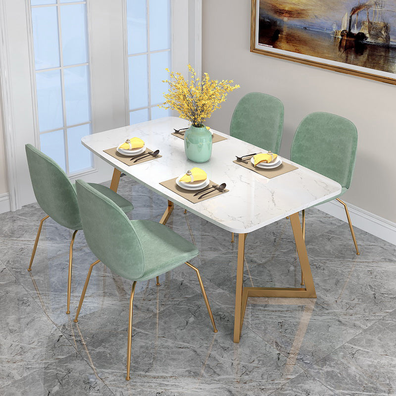 White Stone Top Dining Table Glam Style Gold Base Dining Table for Living Room 63"L x 31.5"W x 29.5"H Without Chairs Clearhalo 'Dining Tables & Seating' 'Dining Tables' 'dining_table' 'furn' 'furn_dining_table' 'Furniture' 'furniture_dining_table' 'Kitchen & Dining Furniture' 5062901
