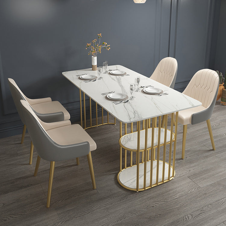 Glam Style Dining Table Metal Double Gold Pedestal Table with Storage Clearhalo 'Dining Tables & Seating' 'Dining Tables' 'dining_table' 'furn' 'furn_dining_table' 'Furniture' 'furniture_dining_table' 'Kitchen & Dining Furniture' 5062954