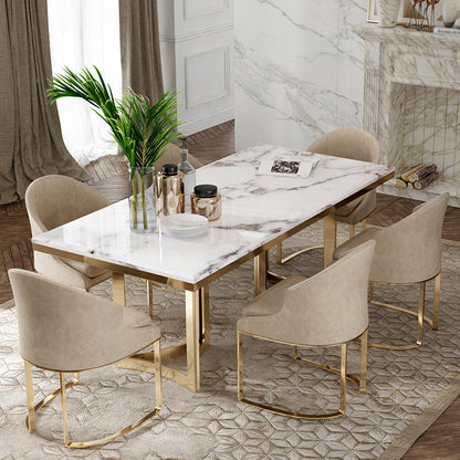 Luxury Sintered Stone Top Kitchen Table Rectangle Table with Gold Double Pedestal White 55.1"L x 31.5"W x 29.5"H Without Chairs Clearhalo 'Dining Tables & Seating' 'Dining Tables' 'dining_table' 'furn' 'furn_dining_table' 'Furniture' 'furniture_dining_table' 'Kitchen & Dining Furniture' 5063050
