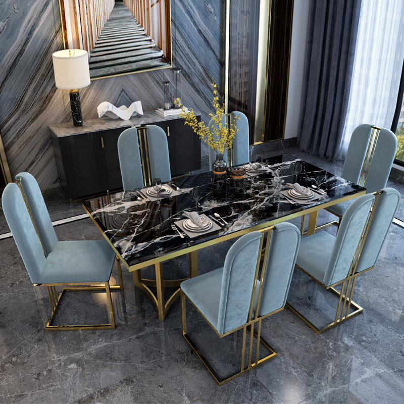Luxury Sintered Stone Top Kitchen Table Rectangle Table with Gold Double Pedestal Black 63"L x 35.4"W x 29.5"H Without Chairs Clearhalo 'Dining Tables & Seating' 'Dining Tables' 'dining_table' 'furn' 'furn_dining_table' 'Furniture' 'furniture_dining_table' 'Kitchen & Dining Furniture' 5063053