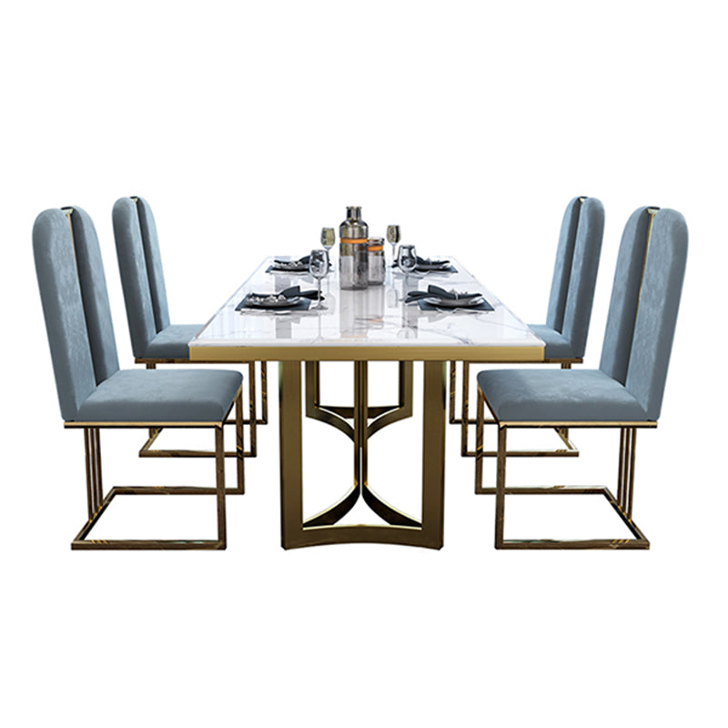 Luxury Sintered Stone Top Kitchen Table Rectangle Table with Gold Double Pedestal Clearhalo 'Dining Tables & Seating' 'Dining Tables' 'dining_table' 'furn' 'furn_dining_table' 'Furniture' 'furniture_dining_table' 'Kitchen & Dining Furniture' 5063058