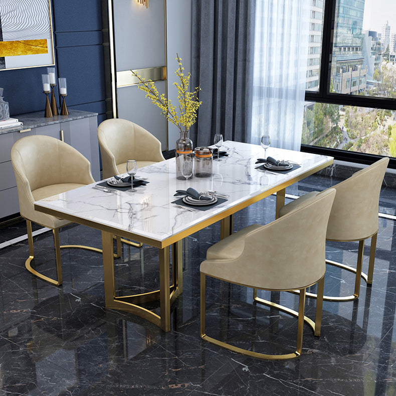 Luxury Sintered Stone Top Kitchen Table Rectangle Table with Gold Double Pedestal Clearhalo 'Dining Tables & Seating' 'Dining Tables' 'dining_table' 'furn' 'furn_dining_table' 'Furniture' 'furniture_dining_table' 'Kitchen & Dining Furniture' 5063061