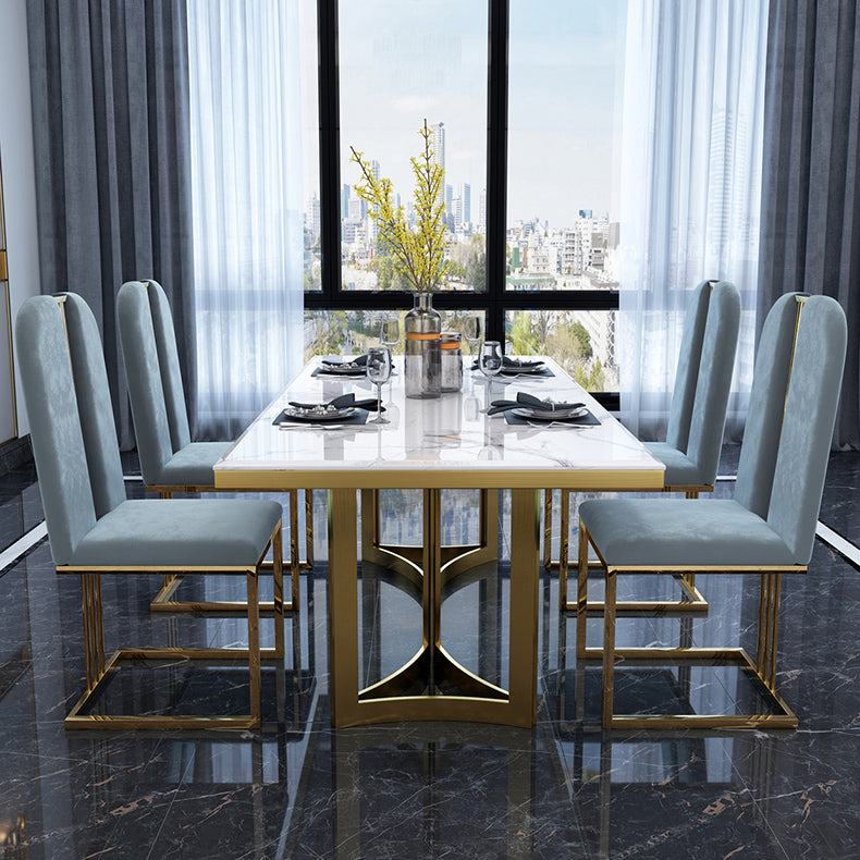 Luxury Sintered Stone Top Kitchen Table Rectangle Table with Gold Double Pedestal Clearhalo 'Dining Tables & Seating' 'Dining Tables' 'dining_table' 'furn' 'furn_dining_table' 'Furniture' 'furniture_dining_table' 'Kitchen & Dining Furniture' 5063062