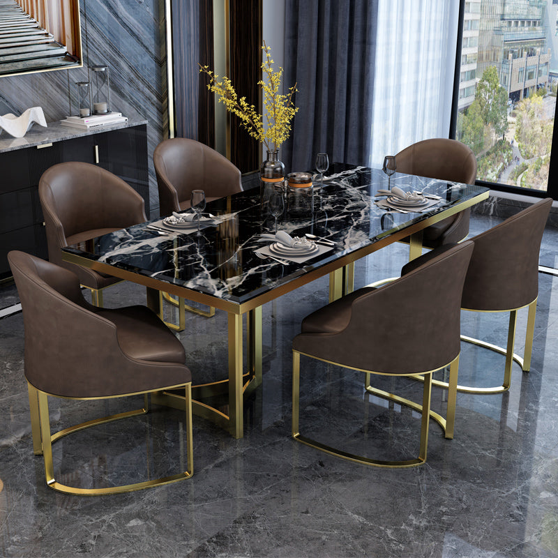 Luxury Sintered Stone Top Kitchen Table Rectangle Table with Gold Double Pedestal Clearhalo 'Dining Tables & Seating' 'Dining Tables' 'dining_table' 'furn' 'furn_dining_table' 'Furniture' 'furniture_dining_table' 'Kitchen & Dining Furniture' 5063063