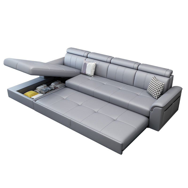 113.39" W x 64.96" D x 35.43" H Sleeper Sofa & Chaise Faux Leather Sewn Pillow Back Sofa Gray Left Clearhalo 'furn' 'furn_sectionals' 'Furniture' 'furniture_sectionals' 'Living Room Furniture' 'Sectionals' 5072231