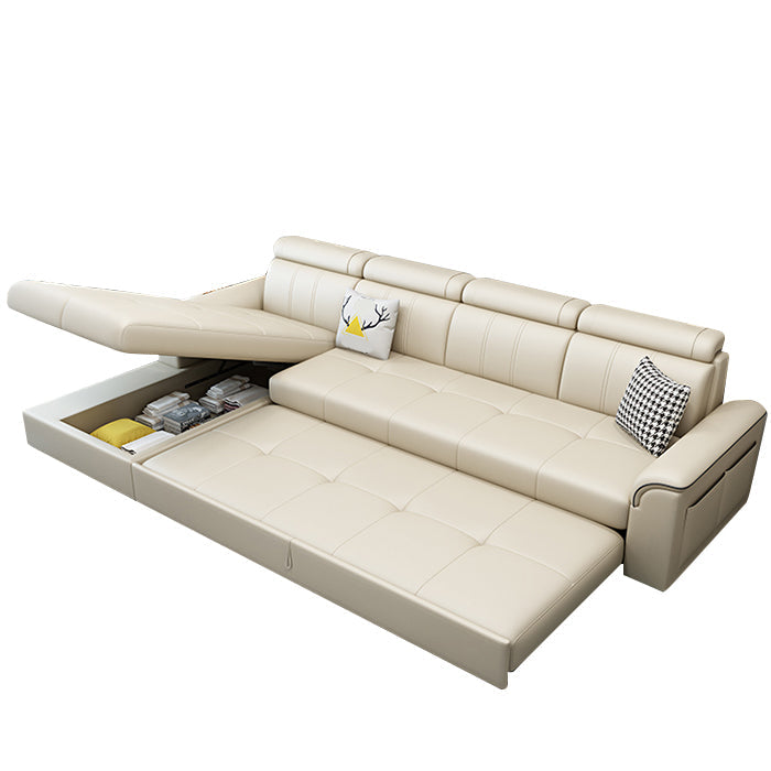 113.39" W x 64.96" D x 35.43" H Sleeper Sofa & Chaise Faux Leather Sewn Pillow Back Sofa Beige Left Clearhalo 'furn' 'furn_sectionals' 'Furniture' 'furniture_sectionals' 'Living Room Furniture' 'Sectionals' 5072232