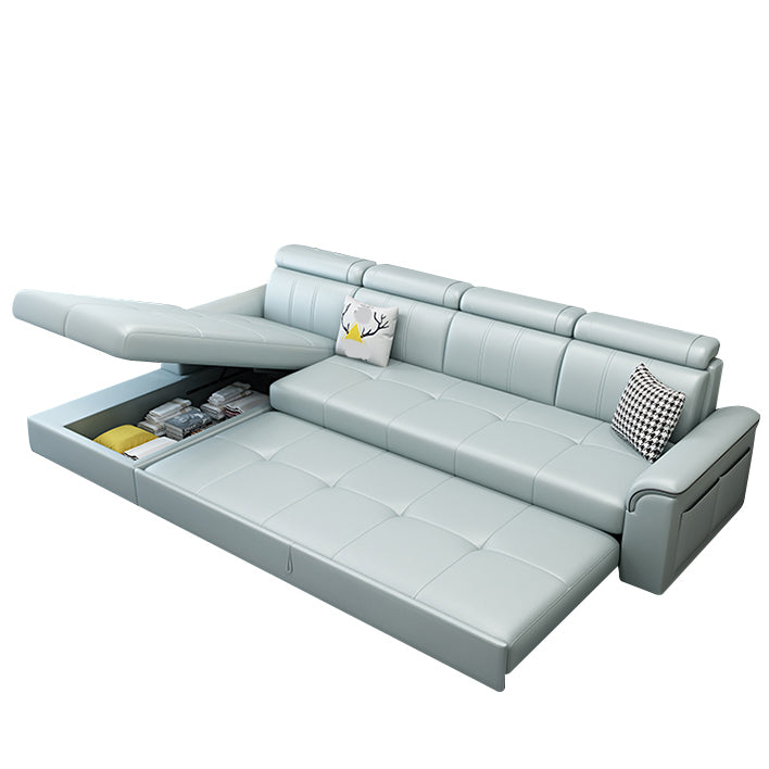 113.39" W x 64.96" D x 35.43" H Sleeper Sofa & Chaise Faux Leather Sewn Pillow Back Sofa Mint Green Left Clearhalo 'furn' 'furn_sectionals' 'Furniture' 'furniture_sectionals' 'Living Room Furniture' 'Sectionals' 5072234