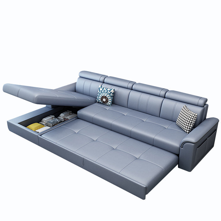 113.39" W x 64.96" D x 35.43" H Sleeper Sofa & Chaise Faux Leather Sewn Pillow Back Sofa Blue Gray Left Clearhalo 'furn' 'furn_sectionals' 'Furniture' 'furniture_sectionals' 'Living Room Furniture' 'Sectionals' 5072237
