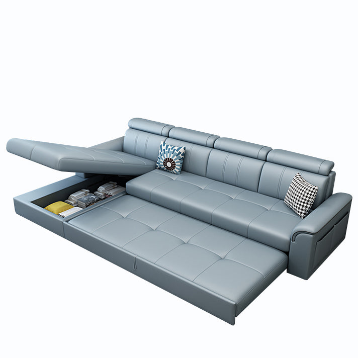 113.39" W x 64.96" D x 35.43" H Sleeper Sofa & Chaise Faux Leather Sewn Pillow Back Sofa Blue Left Clearhalo 'furn' 'furn_sectionals' 'Furniture' 'furniture_sectionals' 'Living Room Furniture' 'Sectionals' 5072239