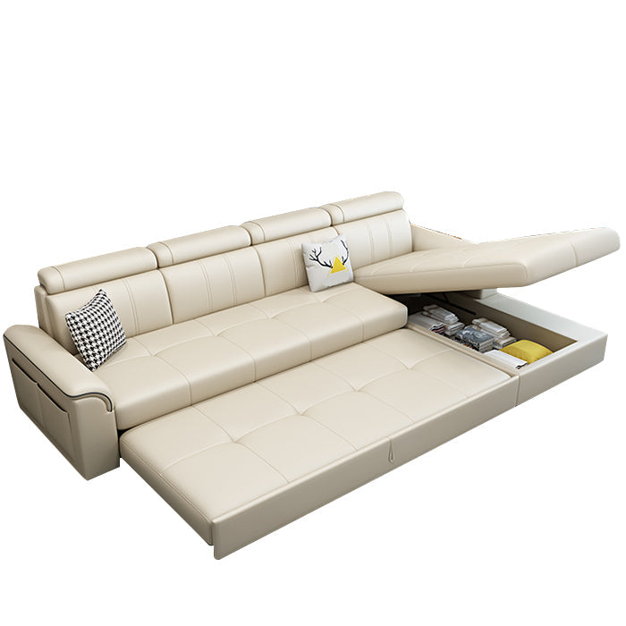 113.39" W x 64.96" D x 35.43" H Sleeper Sofa & Chaise Faux Leather Sewn Pillow Back Sofa Beige Right Clearhalo 'furn' 'furn_sectionals' 'Furniture' 'furniture_sectionals' 'Living Room Furniture' 'Sectionals' 5072242