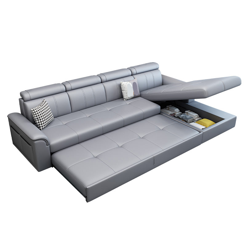 113.39" W x 64.96" D x 35.43" H Sleeper Sofa & Chaise Faux Leather Sewn Pillow Back Sofa Gray Right Clearhalo 'furn' 'furn_sectionals' 'Furniture' 'furniture_sectionals' 'Living Room Furniture' 'Sectionals' 5072245
