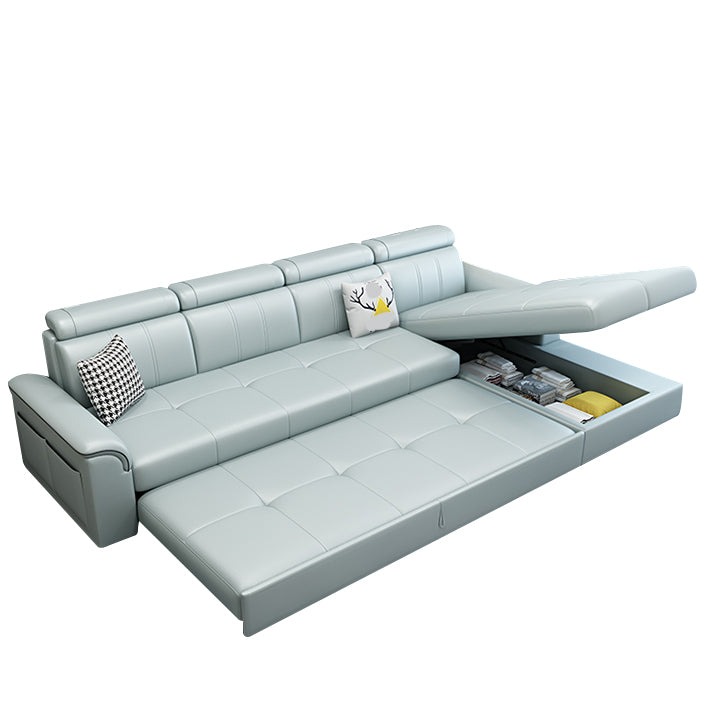 113.39" W x 64.96" D x 35.43" H Sleeper Sofa & Chaise Faux Leather Sewn Pillow Back Sofa Mint Green Right Clearhalo 'furn' 'furn_sectionals' 'Furniture' 'furniture_sectionals' 'Living Room Furniture' 'Sectionals' 5072246