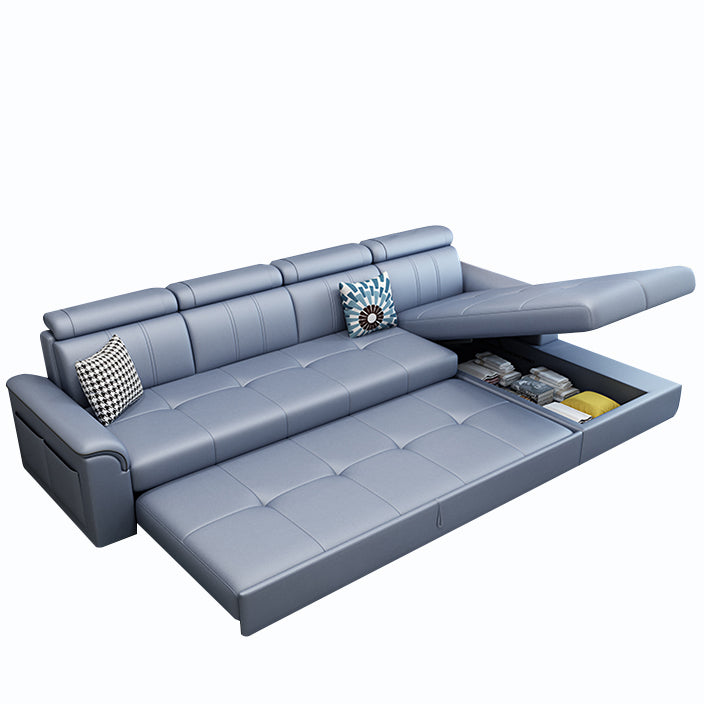 113.39" W x 64.96" D x 35.43" H Sleeper Sofa & Chaise Faux Leather Sewn Pillow Back Sofa Blue Gray Right Clearhalo 'furn' 'furn_sectionals' 'Furniture' 'furniture_sectionals' 'Living Room Furniture' 'Sectionals' 5072248