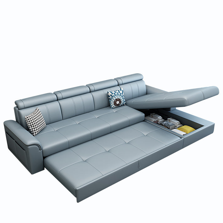 113.39" W x 64.96" D x 35.43" H Sleeper Sofa & Chaise Faux Leather Sewn Pillow Back Sofa Blue Right Clearhalo 'furn' 'furn_sectionals' 'Furniture' 'furniture_sectionals' 'Living Room Furniture' 'Sectionals' 5072250