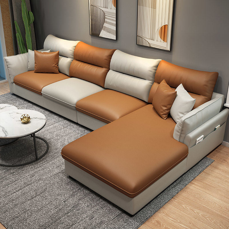 Faux Leather Sectional with Four Pillows Back Flared Arm Sofa Orange White Right Clearhalo 'furn' 'furn_sectionals' 'Furniture' 'furniture_sectionals' 'Living Room Furniture' 'Sectionals' 5072255