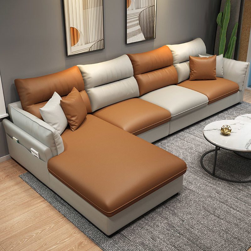 Faux Leather Sectional with Four Pillows Back Flared Arm Sofa Orange White Left Clearhalo 'furn' 'furn_sectionals' 'Furniture' 'furniture_sectionals' 'Living Room Furniture' 'Sectionals' 5072258