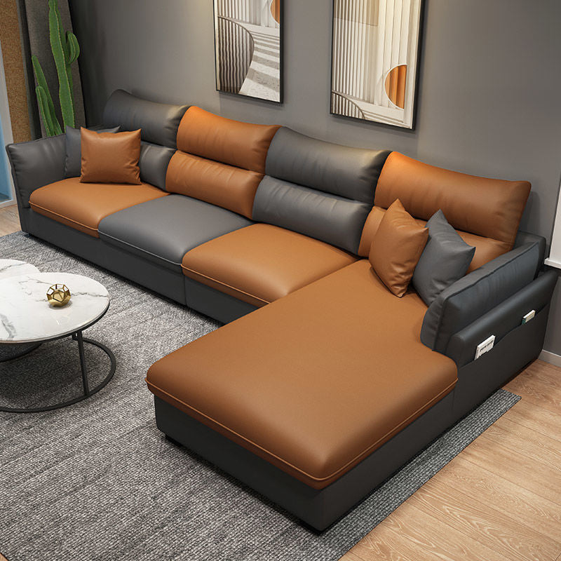 Faux Leather Sectional with Four Pillows Back Flared Arm Sofa Orange-Gray Right Clearhalo 'furn' 'furn_sectionals' 'Furniture' 'furniture_sectionals' 'Living Room Furniture' 'Sectionals' 5072265