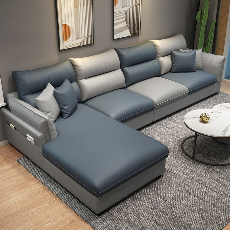 Faux Leather Sectional with Four Pillows Back Flared Arm Sofa Dark Blue-Gray Left Clearhalo 'furn' 'furn_sectionals' 'Furniture' 'furniture_sectionals' 'Living Room Furniture' 'Sectionals' 5072269