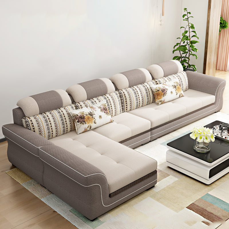 Flared Arms 4-Seater Sectional with Pillow Back Cushions for Apartment White-Brown Clearhalo 'furn' 'furn_sectionals' 'Furniture' 'furniture_sectionals' 'Living Room Furniture' 'Sectionals' 5072274