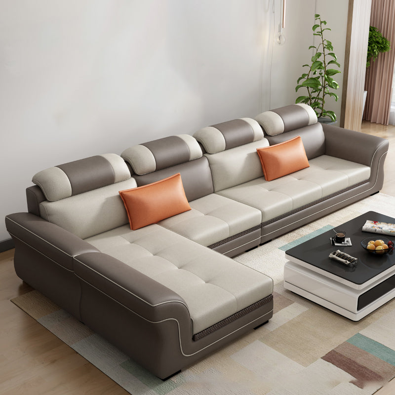 Flared Arms 4-Seater Sectional with Pillow Back Cushions for Apartment Coffee-White Clearhalo 'furn' 'furn_sectionals' 'Furniture' 'furniture_sectionals' 'Living Room Furniture' 'Sectionals' 5072278