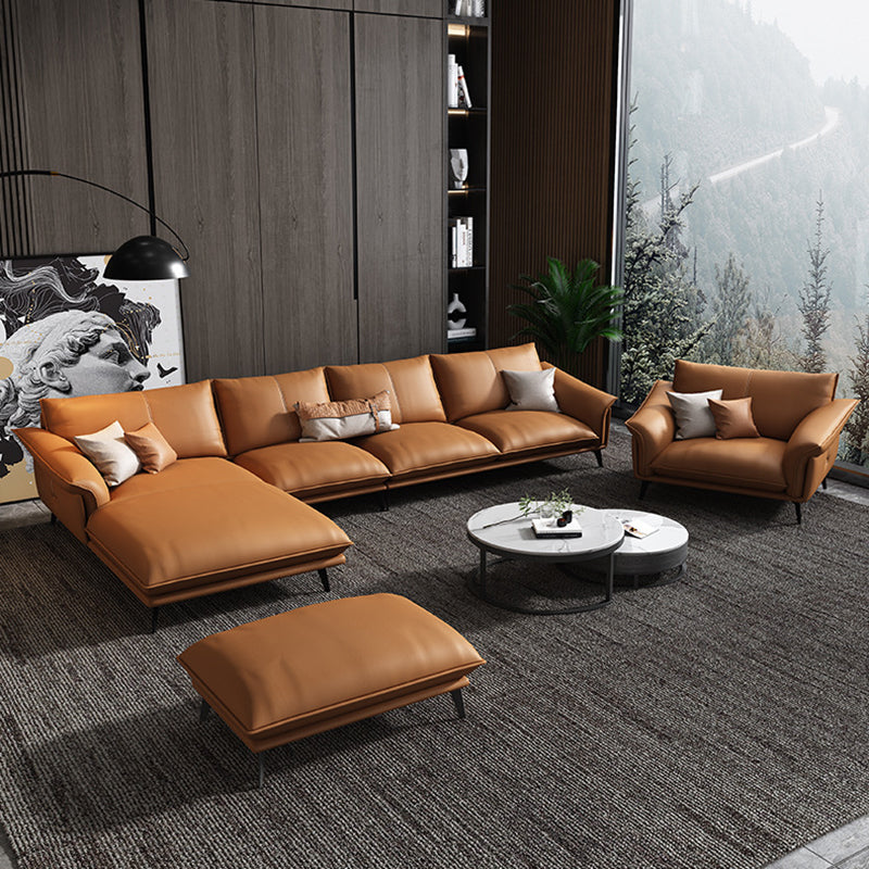 Orange Sponge Padded Leather Sofa with Pillow Back and Flared Armrest Sectional Clearhalo 'furn' 'furn_sectionals' 'Furniture' 'furniture_sectionals' 'Living Room Furniture' 'Sectionals' 5072301