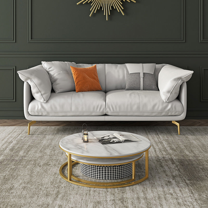 White Sectional Feather Padded Leather Sofa with Pillow Back 70"L x 39"W x 33"H Horizontal Clearhalo 'furn' 'furn_sectionals' 'Furniture' 'furniture_sectionals' 'Living Room Furniture' 'Sectionals' 5072355