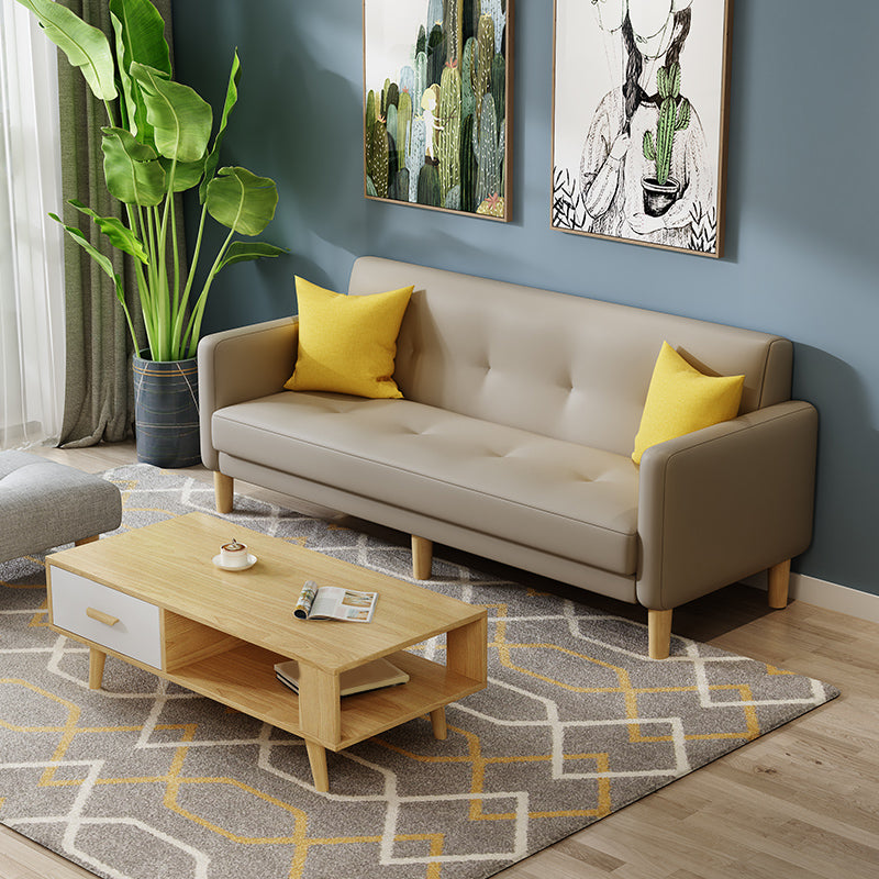 Tufted Split-Back Mid Century Modern Standard Square Arm Sofa Couch Beige Faux Leather Clearhalo 'furn' 'furn_sofas' 'Furniture' 'furniture_sofas' 'Living Room Furniture' 'Sofa' 'sofas' 5072579