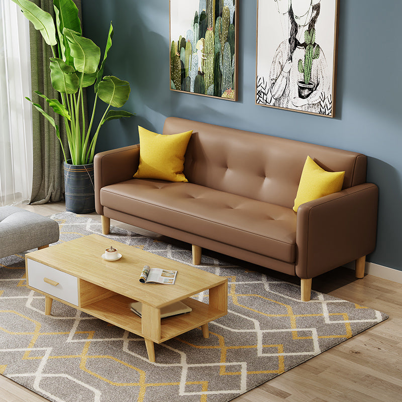Tufted Split-Back Mid Century Modern Standard Square Arm Sofa Couch Yellow-Brown Faux Leather Clearhalo 'furn' 'furn_sofas' 'Furniture' 'furniture_sofas' 'Living Room Furniture' 'Sofa' 'sofas' 5072595