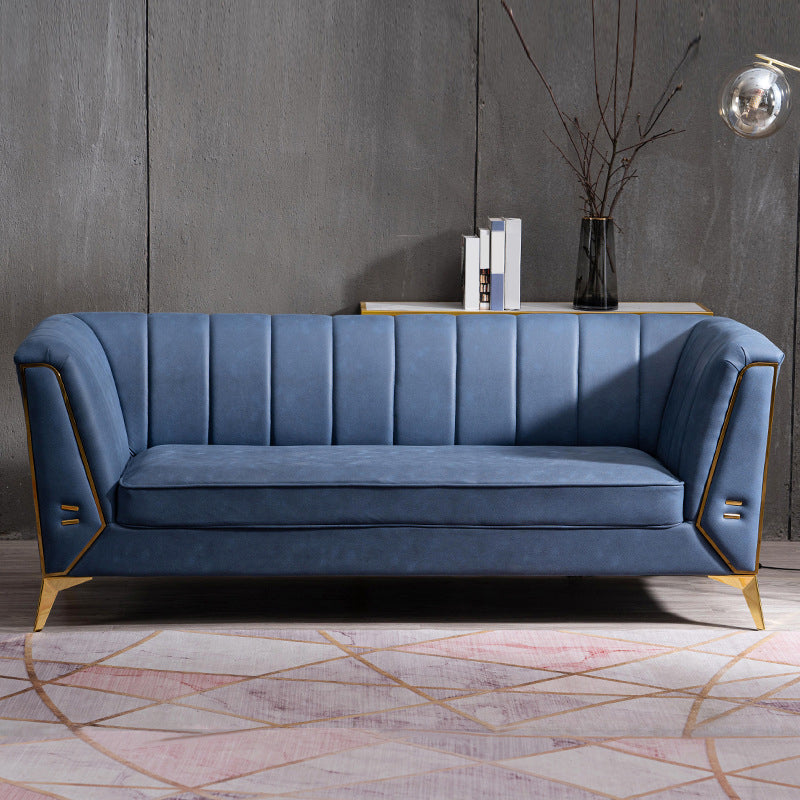 29.5"H Velvet/ Faux Leather Sewn Pillow Back Tuxedo Arm Sofa for Living Room Blue 29.5"H x 77"L x 29.5"W Faux Leather Clearhalo 'Furniture' 'furniture_sofas' 'Living Room Furniture' 'Sofa' 'sofas' 5072607