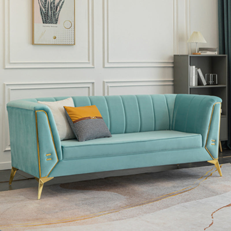 29.5"H Velvet/ Faux Leather Sewn Pillow Back Tuxedo Arm Sofa for Living Room Sky Blue 29.5"H x 77"L x 29.5"W Velvet Clearhalo 'Furniture' 'furniture_sofas' 'Living Room Furniture' 'Sofa' 'sofas' 5072608