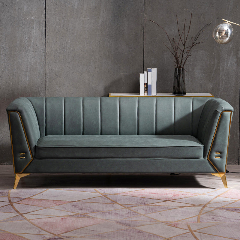 29.5"H Velvet/ Faux Leather Sewn Pillow Back Tuxedo Arm Sofa for Living Room Green Faux Leather Clearhalo 'Furniture' 'furniture_sofas' 'Living Room Furniture' 'Sofa' 'sofas' 5072612